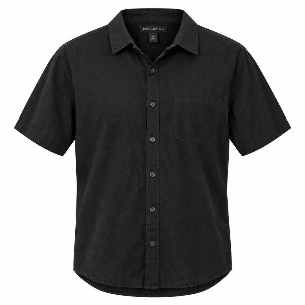 Magaschoni Man Men's Large Black Linen Blend Short Sleeve Button Up Shirt Casual
